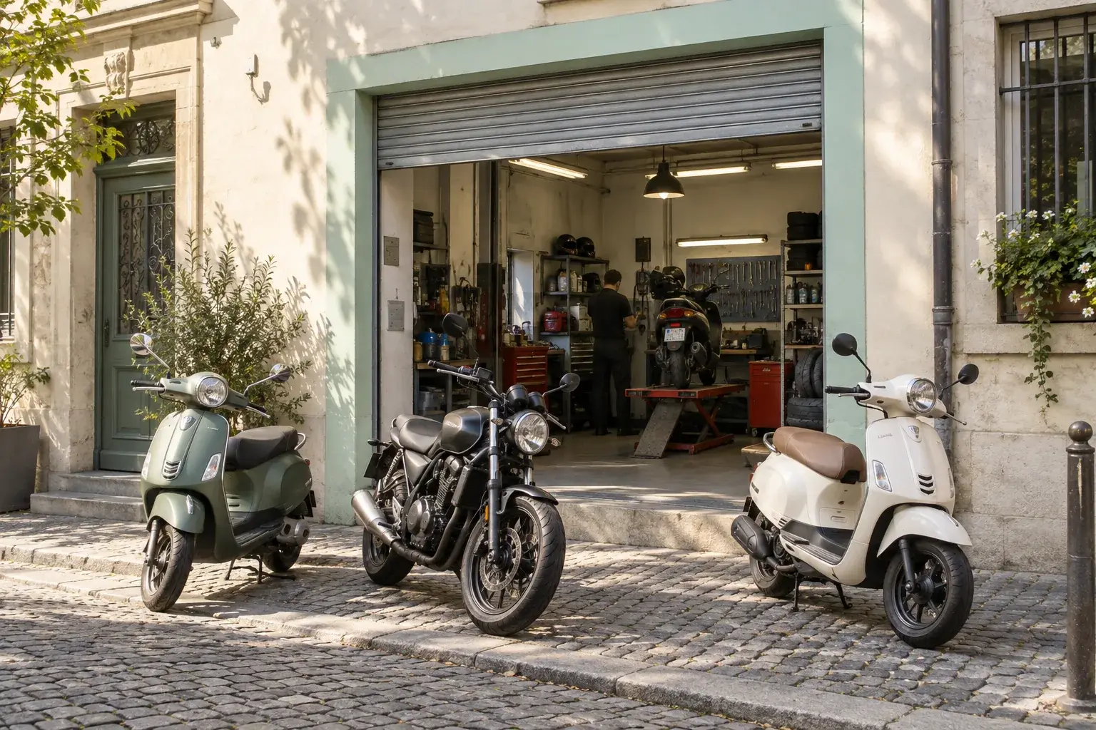 Façade d’Atelier Béquille (fictif) : rideau levé, deux scooters et une moto devant l’atelier, sur une rue pavée.