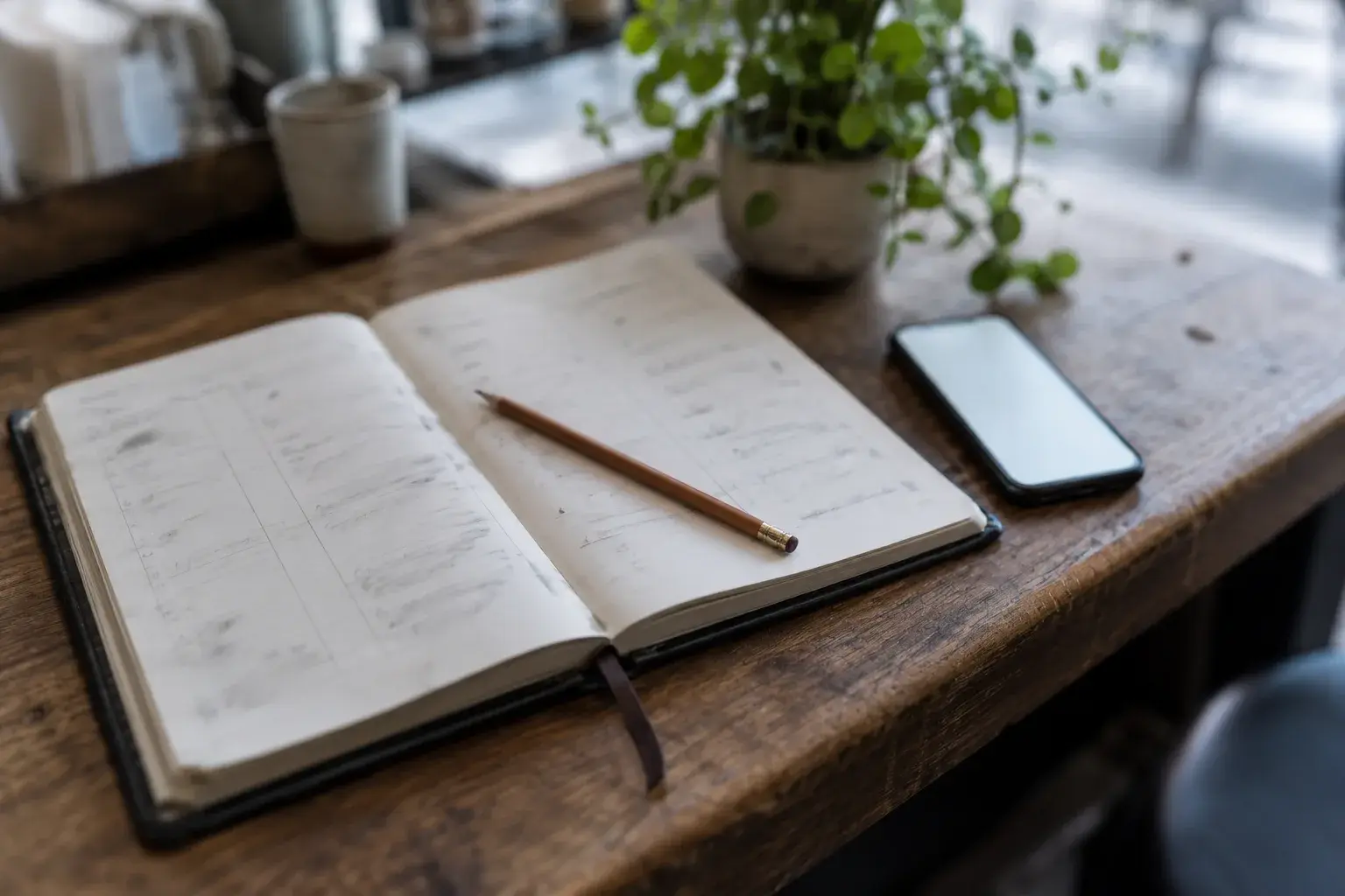 Un carnet de réservations en papier à côté d’un téléphone : le carnet remplacé par le téléphone.