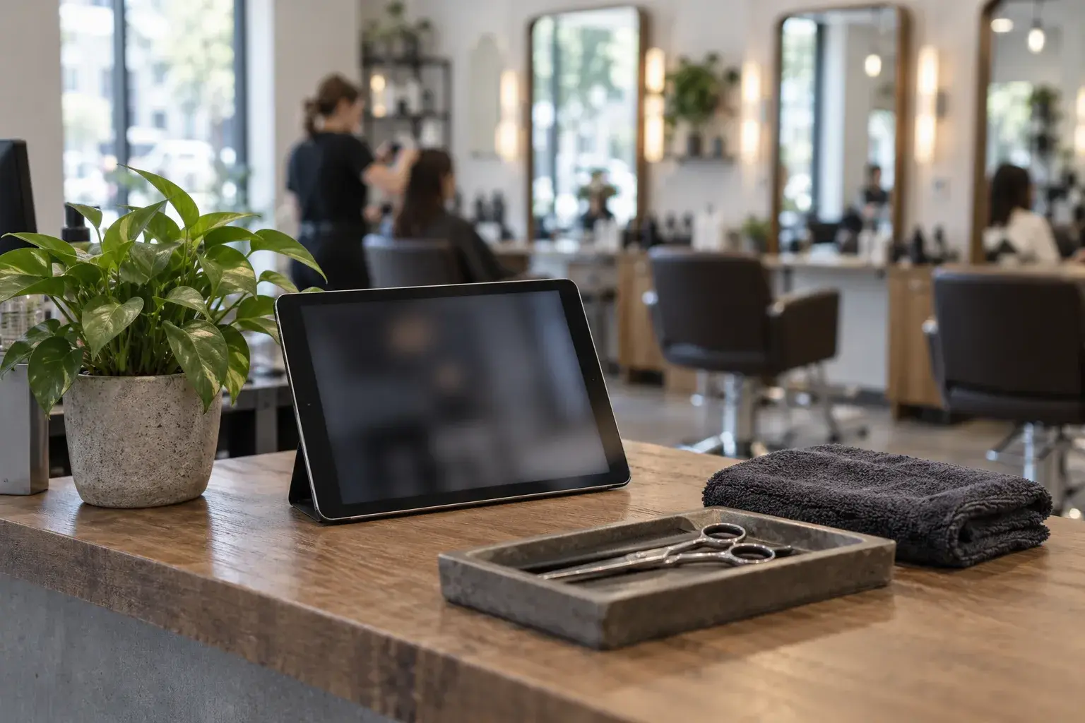Une tablette posée sur le comptoir d’accueil d’un salon de coiffure.